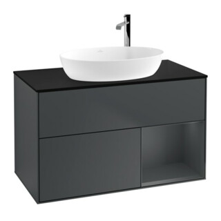 V&B Meuble sous-vasque Finion 100, placage bois, rangement médium, laqué bleu