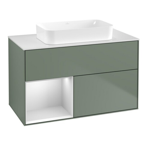 V&B Meuble sous vasque Finion 100x60,3 cm, côté gauche, blanc mat laqué, olivier mat laqué