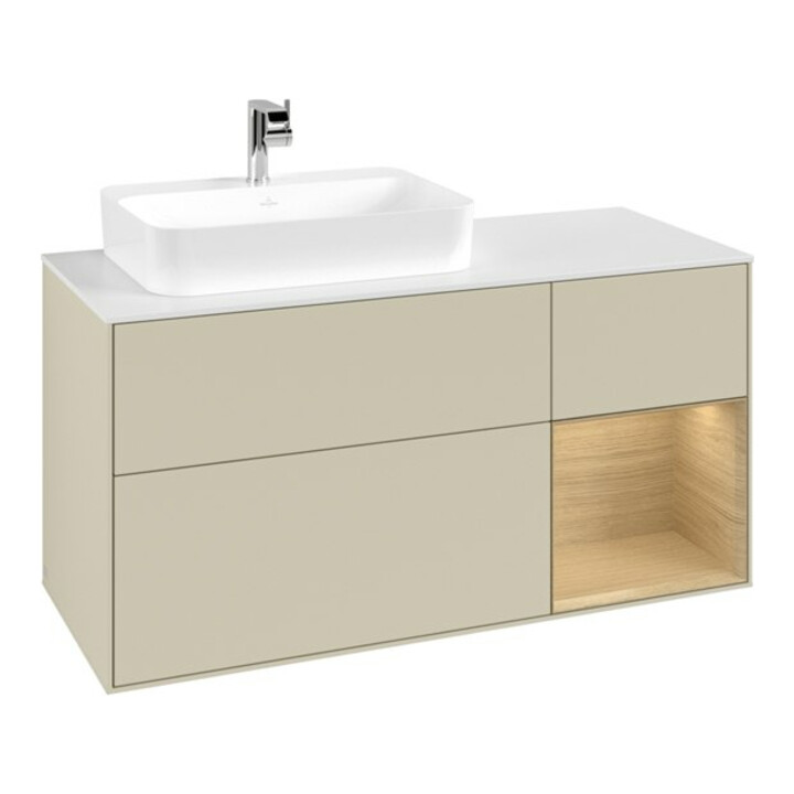 V&B Meuble sous-vasque Finion 120 cm, blanc mat, droite, poignée ven, gris mat laqué