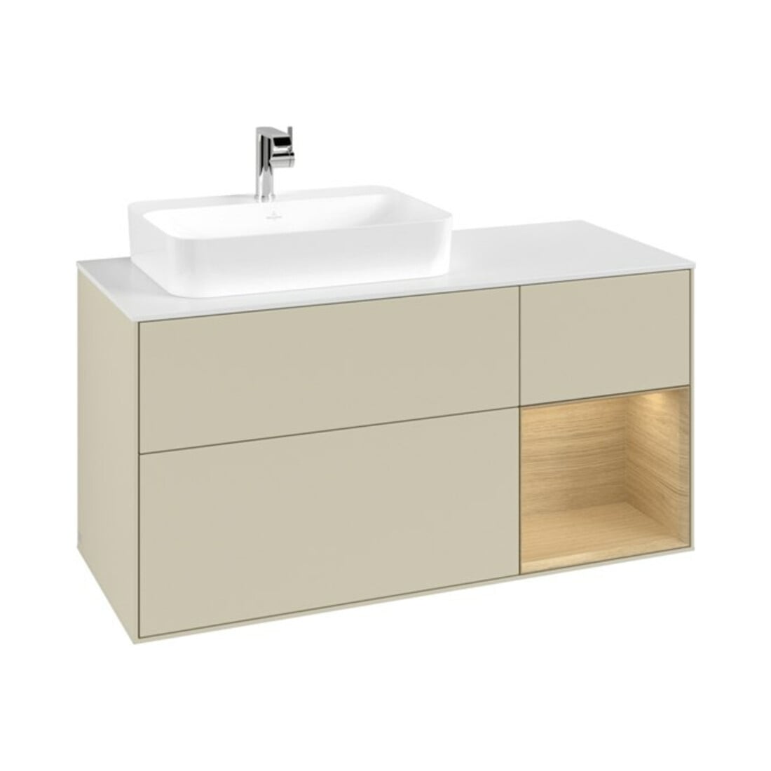 V&B Meuble sous-vasque Finion 120 cm, blanc mat, droite, poignée ven, gris mat laqué