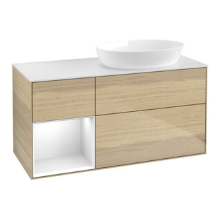 V&B Meuble sous vasque Finion 120 cm, blanc mat, étagère blanche laquée, poignée ven