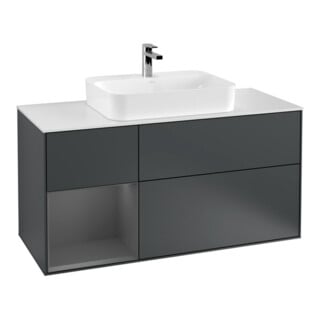 V&B Meuble sous-vasque Finion 120 cm, blanc mat, poignée laiton mat, miroir bleu mat