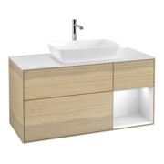 V&B Meuble sous-vasque Finion 120 cm, Blanc mat, Réglette blanche mat, Venise ouverte