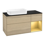 V&B Meuble sous-vasque Finion 120 cm, bleu clair, porte droite, tiroir ouvert