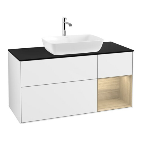 V&B Meuble sous-vasque Finion 120 cm, bleu clair, tiroir ouvert, blanc brillant, laqué