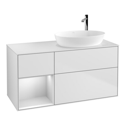 V&B Meuble sous-vasque Finion 120 cm, éclairage mural, blanc mat laqué, blanc brillant laqué