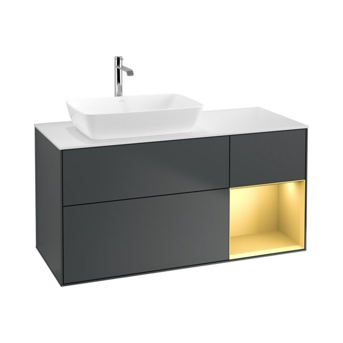 V&B Meuble sous-vasque Finion 120 cm, éclairage mural, blanc mat, laqué gris, avec miroir blanc mat, laqué