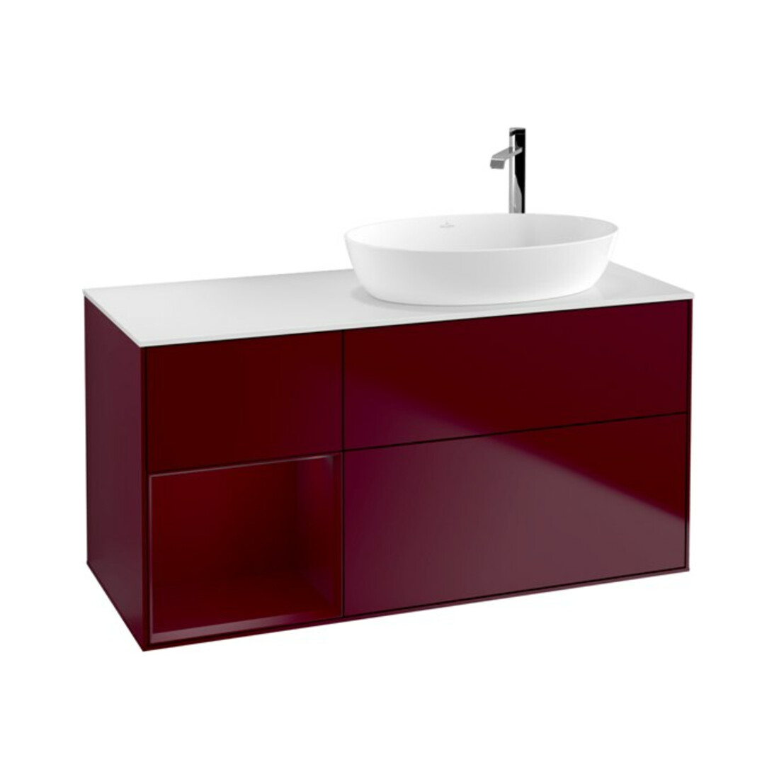V&B Meuble sous-vasque Finion 120 cm, éclairage mural, blanc poli, rangement Peo m Lac, Peo m