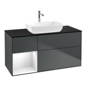 V&B Meuble sous vasque Finion 120 cm, éclairage mural, laque blanc brillant, avec miroir laqué-1