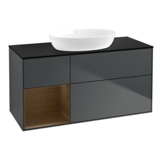 V&B Meuble sous-vasque Finion 120 cm, éclairage mural, placage noyer, bleu mat, avec laque