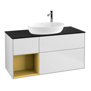 V&B Meuble sous-vasque Finion 120 cm, placage bois, rangement doré mat laqué, blanc mat laqué
