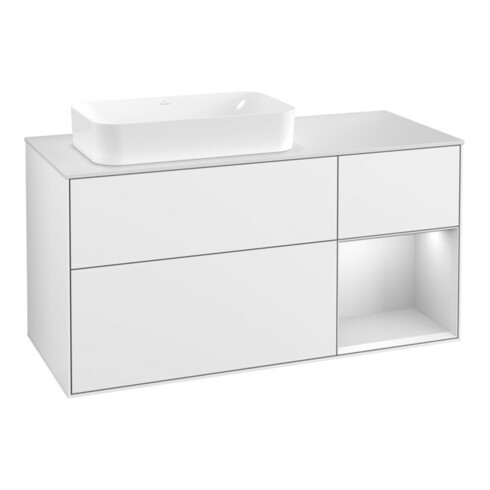 V&B Meuble sous vasque Finion 120 cm, placage chêne, laque blanc brillant