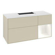 V&B Meuble sous-vasque Finion 120 cm, Plaqué blanc mat, Poignées rouge blanc mat Lac, pieds gris mat Lac