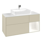 V&B Meuble sous-vasque Finion 120 cm, Plaqué blanc mat, Poignées rouge blanc mat Lac, pieds gris mat Lac-3