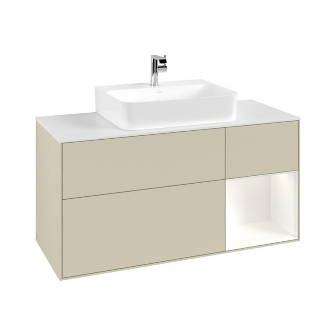 V&B Meuble sous-vasque Finion 120 cm, Plaqué blanc mat, Poignées rouge blanc mat Lac, pieds gris mat Lac