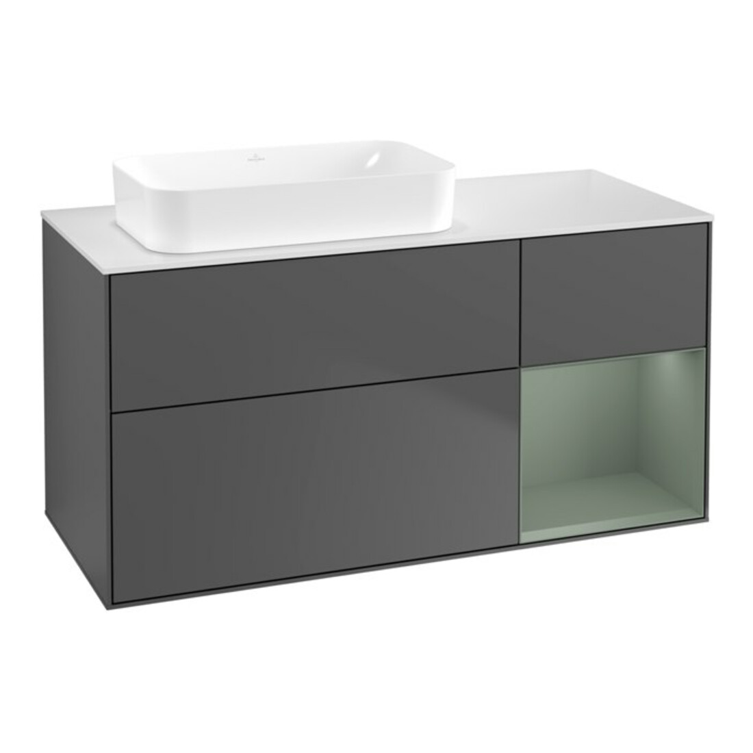 V&B Meuble sous-vasque Finion 120x60 cm, tiroir droite, olivier mat, anthracite mat