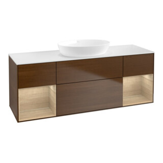 V&B Meuble sous-vasque Finion 160 cm, blanc mat, rangement ouvert, noyer veinée