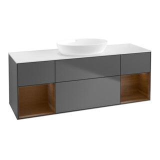 V&B Meuble sous-vasque Finion 160 cm, blanc mat, tiroir noyer verni, anthracite mat