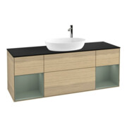 V&B Meuble sous-vasque Finion 160 cm, bleu clair, rangement ouvert avec laque, chêne huilé