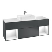 V&B Meuble sous vasque Finion 160 cm, éclairage mural, placage blanc mat, laque gris clair, miroir bleu avec laque