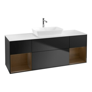 V&B Meuble sous-vasque Finion 160 cm, placage blanc mat, rayure noyer, bleu mat laqué