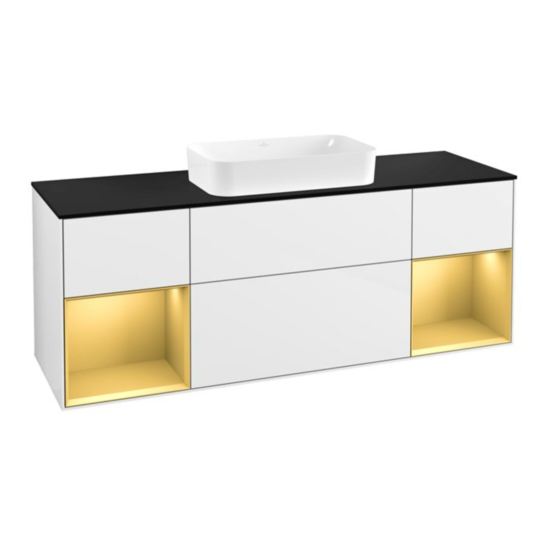 V&B Meuble sous-vasque Finion 160 cm, placage bois, or mat, laqué blanc brillant
