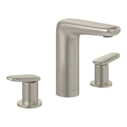 V&B Robinetterie lavabo 3 trous ANTAO bec fixe, avec vidage poussoir, inox brossé bleu