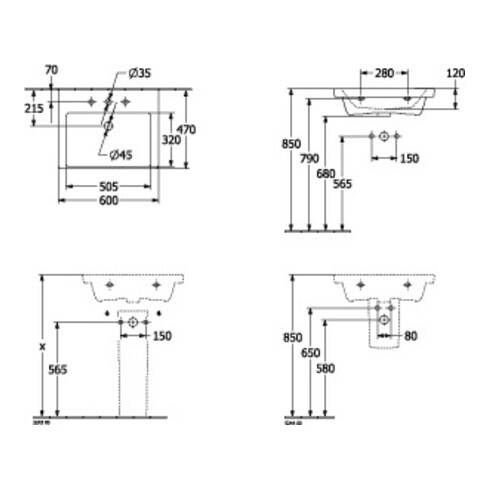 V&B Schrankwaschtisch SUBWAY 3.0 600x470mm m ÜL mit Hahnloch weiß C+