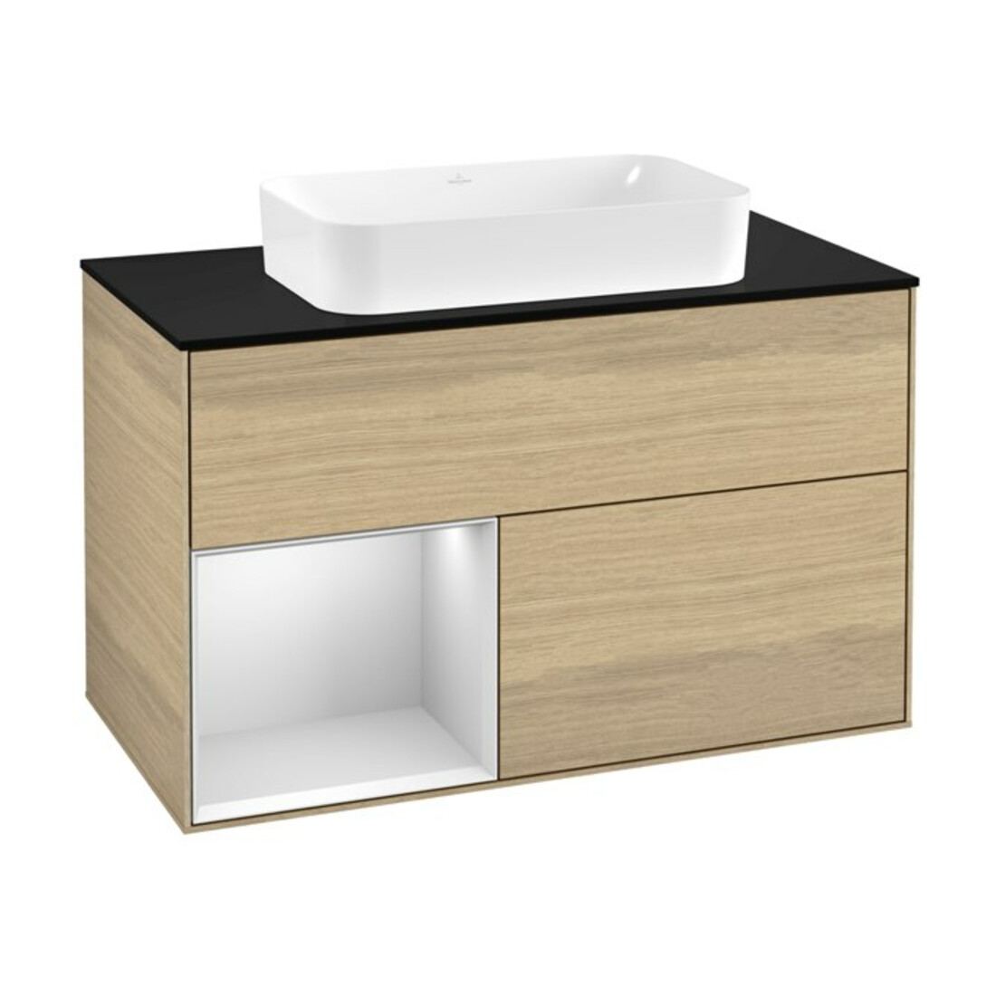 V&B Waschtischunterschrank Abdeckplatte bla m Finion 100x60,3cm, Reg li wh. m Lac, Oak Veneer
