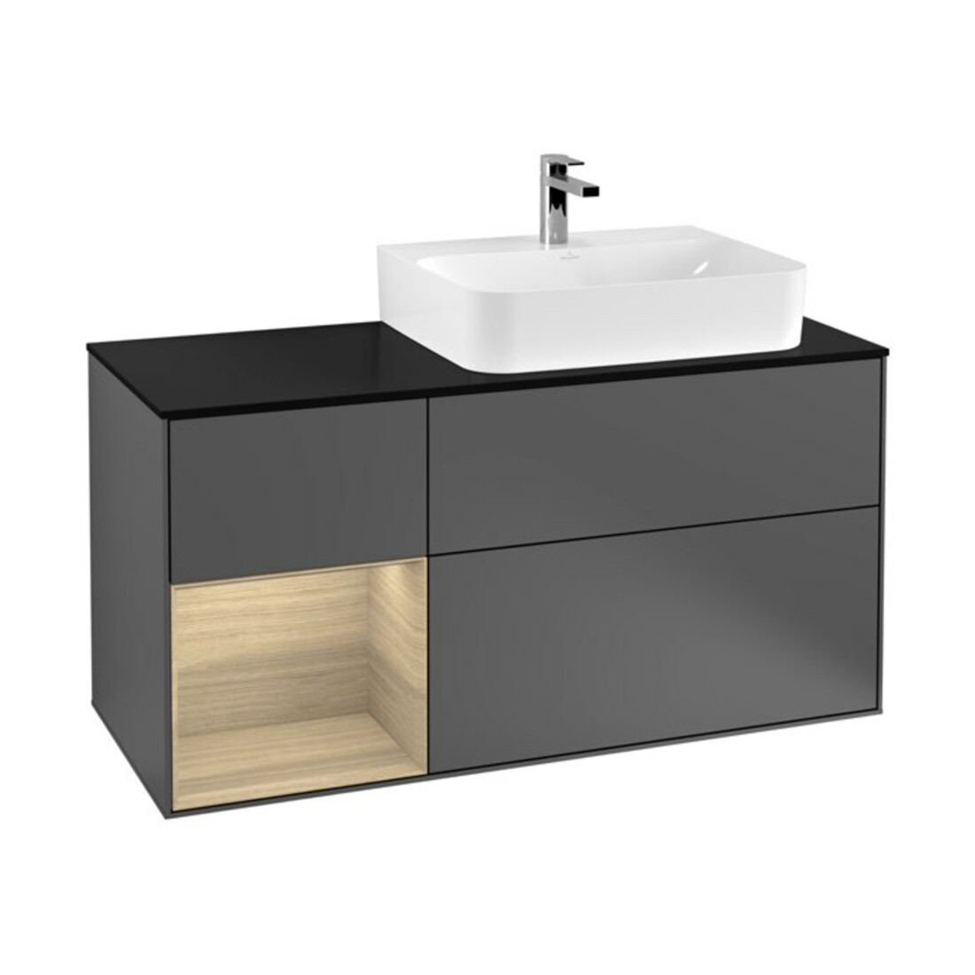 V&B Waschtischunterschrank Abdeckplatte Gl. bla m Finion 120cm, Reg li Oa Veneer, Anthracite matt
