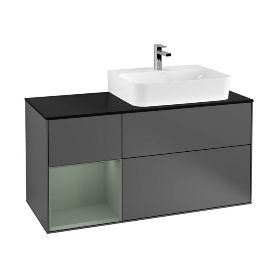 V&B Waschtischunterschrank Abdeckplatte Gl. bla m Finion 120cm, Reg li Oli. m Lac, Anthrac. matt