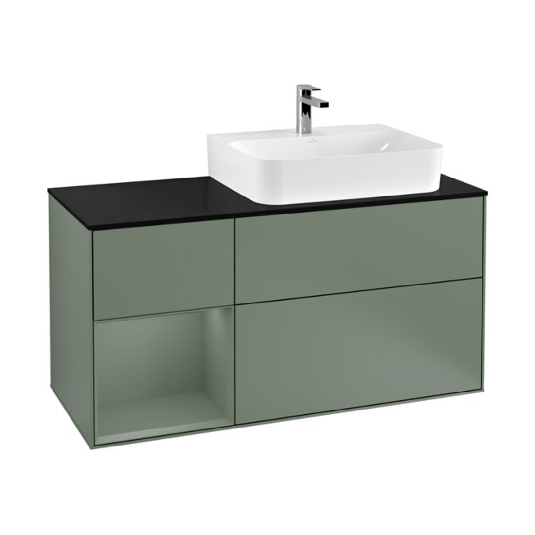 V&B Waschtischunterschrank Abdeckplatte Gl. bla m Finion 120cm, Reg li Oli. m Lac, Oli. m Lacquer