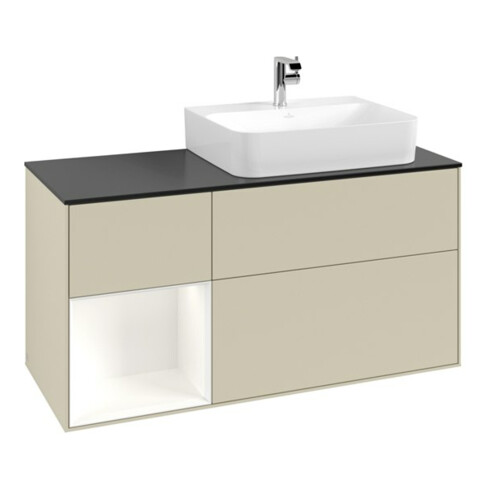 V&B Waschtischunterschrank Abdeckplatte Gl. bla m Finion 120cm, Reg li wh. m Lac, si Gr m Lacquer