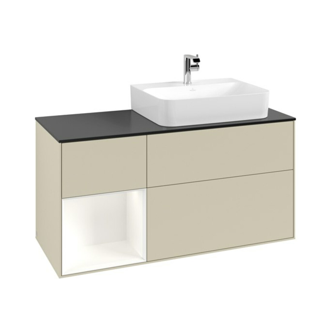 V&B Waschtischunterschrank Abdeckplatte Gl. bla m Finion 120cm, Reg li wh. m Lac, si Gr m Lacquer