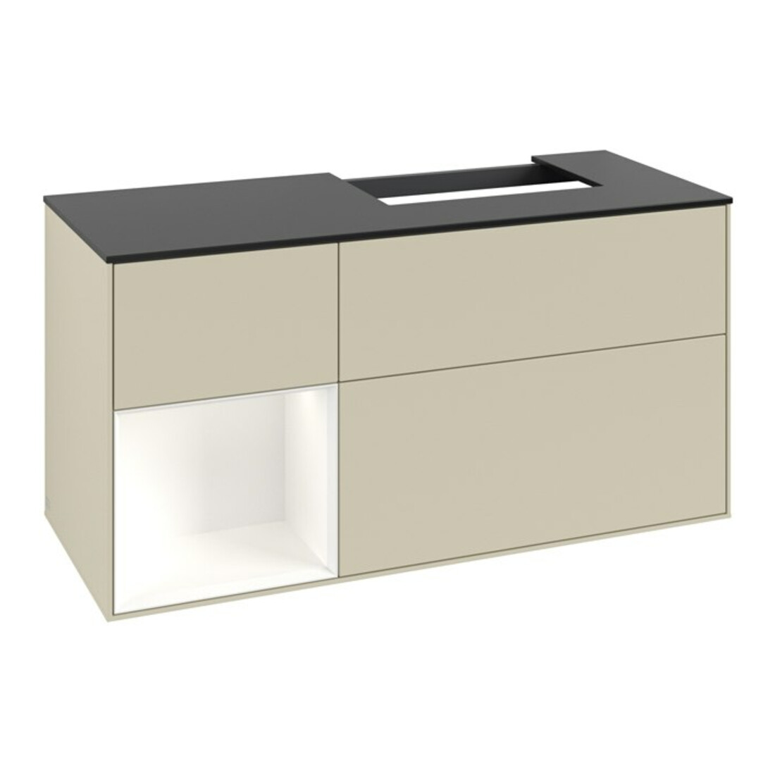 V&B Waschtischunterschrank Abdeckplatte Gl. bla m Finion 120cm, Reg li wh. m Lac, si Gr m Lacquer