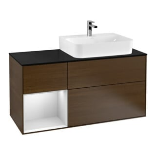 V&B Waschtischunterschrank Abdeckplatte Gl. bla m Finion 120cm, Reg li wh. m Lac, Walnut veneer