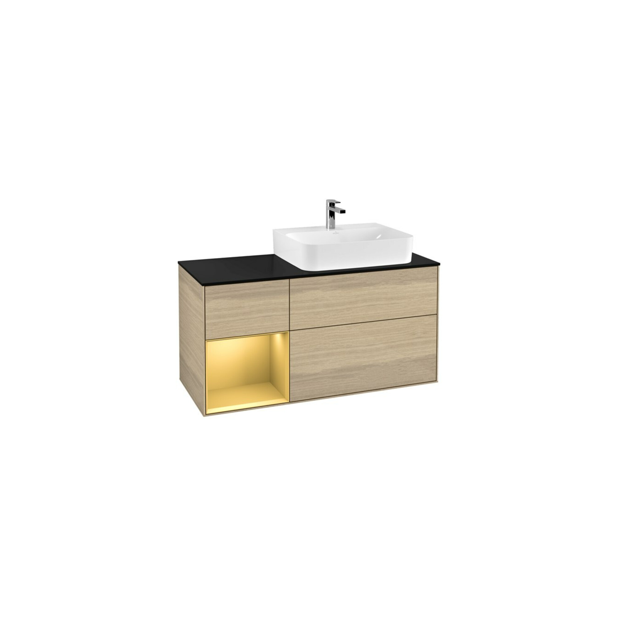 V&B Waschtischunterschrank Abdeckplatte Gl. bla m Finion 120cm, Regal links Gold matt, Oak Veneer ; Villeroy & Boch