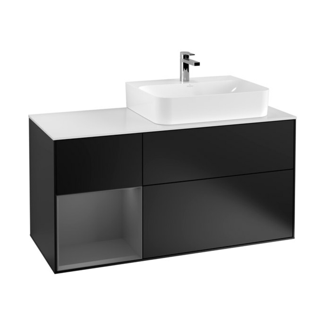 V&B Waschtischunterschrank Abdeckplatte Gl. wh. m Finion 120cm, Reg li Anthrac. m, bla m lacquer