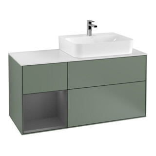 V&B Waschtischunterschrank Abdeckplatte Gl. wh. m Finion 120cm, Reg li Anthrac. m, Oli. m Lacquer