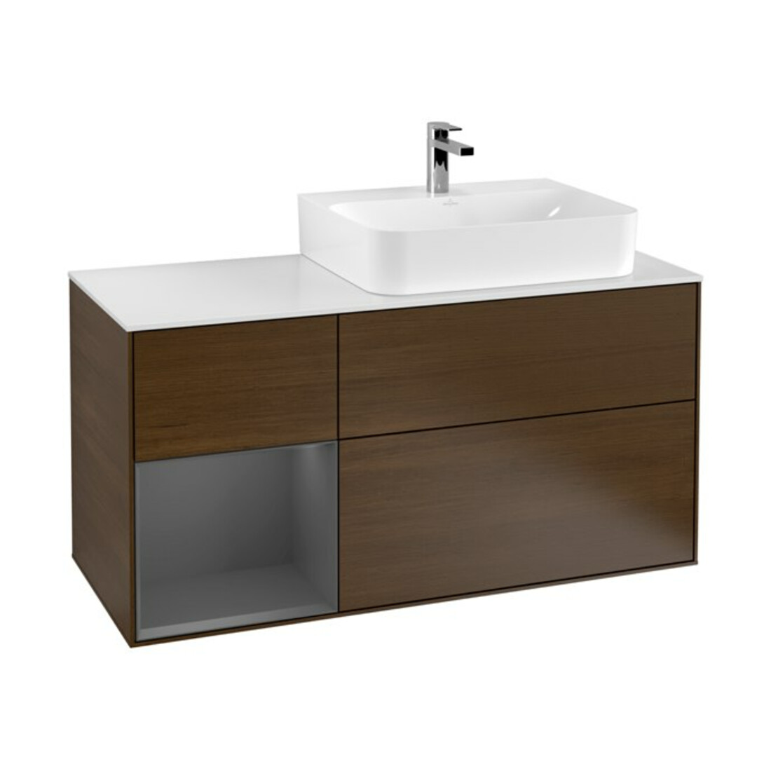 V&B Waschtischunterschrank Abdeckplatte Gl. wh. m Finion 120cm, Reg li Anthrac. m, Walnut veneer