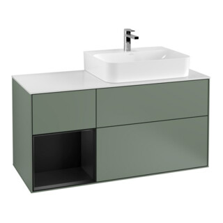 V&B Waschtischunterschrank Abdeckplatte Gl. wh. m Finion 120cm, Reg li bla m Lac, Oli. m Lacquer