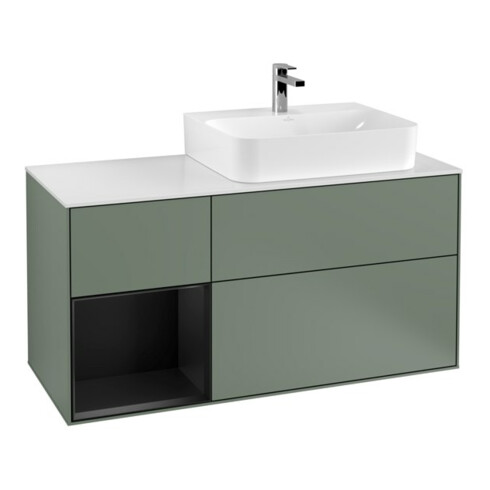 V&B Waschtischunterschrank Abdeckplatte Gl. wh. m Finion 120cm, Reg li bla m Lac, Oli. m Lacquer