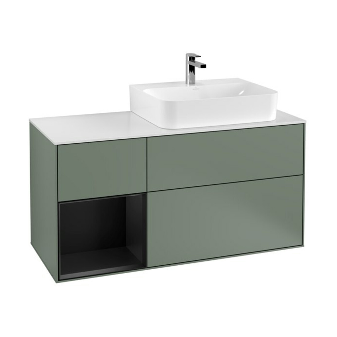 V&B Waschtischunterschrank Abdeckplatte Gl. wh. m Finion 120cm, Reg li bla m Lac, Oli. m Lacquer