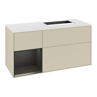 V&B Waschtischunterschrank Abdeckplatte Gl. wh. m Finion 120cm, Reg li bla m Lac, si Gr m Lacquer