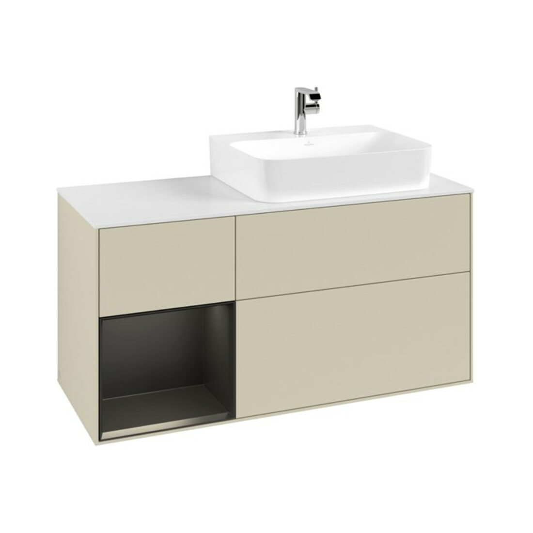 V&B Waschtischunterschrank Abdeckplatte Gl. wh. m Finion 120cm, Reg li bla m Lac, si Gr m Lacquer