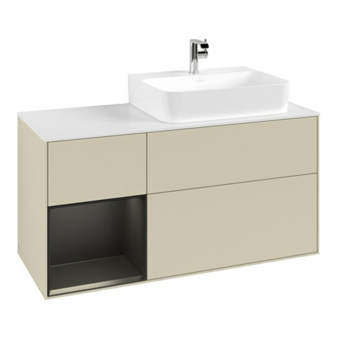 V&B Waschtischunterschrank Abdeckplatte Gl. wh. m Finion 120cm, Reg li bla m Lac, si Gr m Lacquer