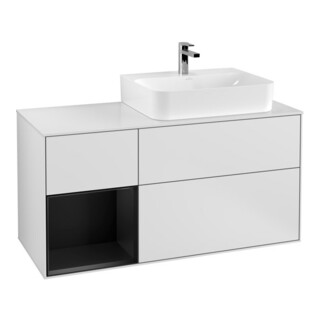 V&B Waschtischunterschrank Abdeckplatte Gl. wh. m Finion 120cm, Reg li bla m Lac, wh. m lacquer
