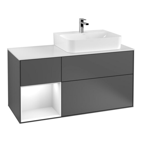 V&B Waschtischunterschrank Abdeckplatte Gl. wh. m Finion 120cm, Reg li glo wh. Lac, Anthrac. matt