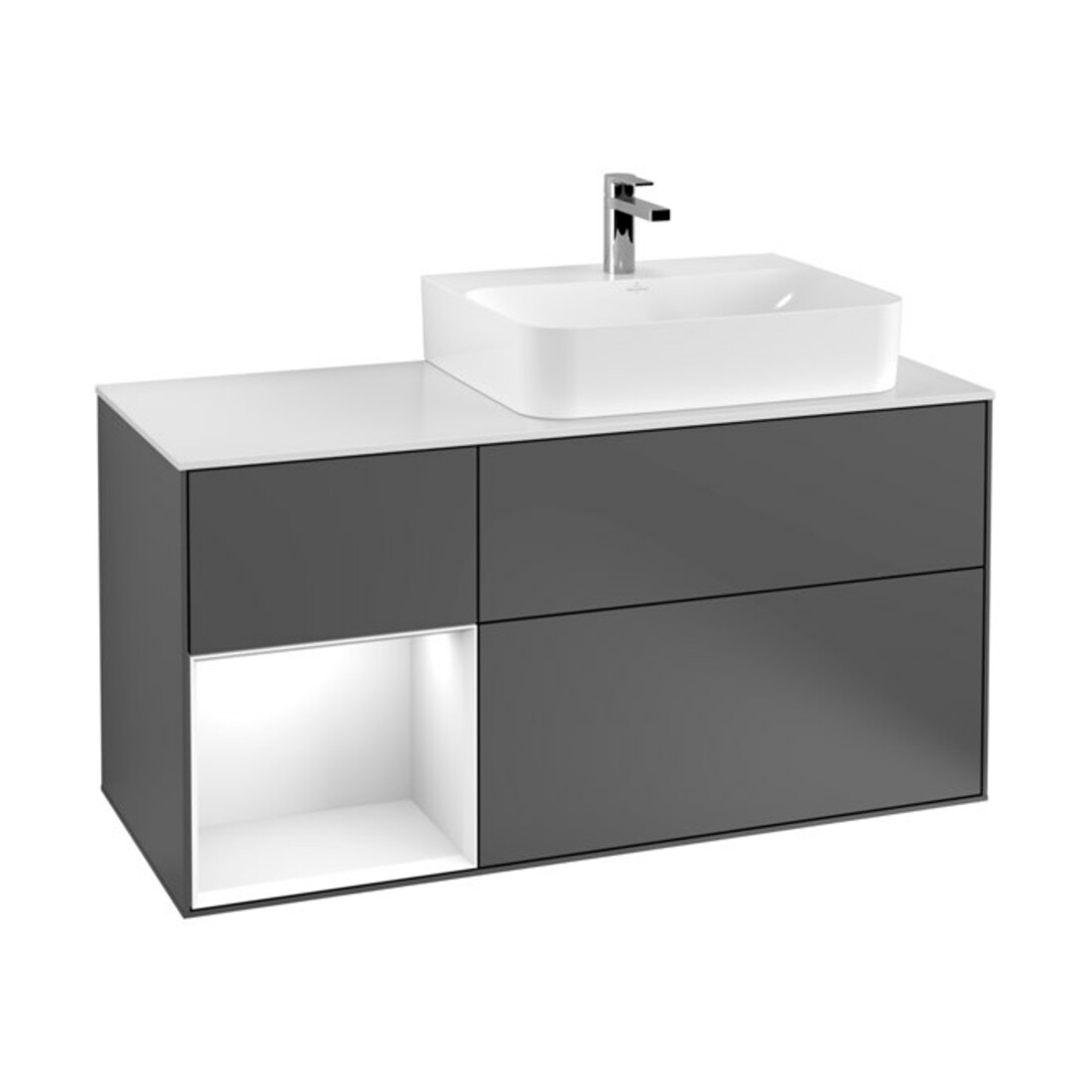 V&B Waschtischunterschrank Abdeckplatte Gl. wh. m Finion 120cm, Reg li glo wh. Lac, Anthrac. matt