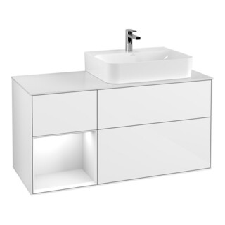V&B Waschtischunterschrank Abdeckplatte Gl. wh. m Finion 120cm, Reg li glo wh. Lac, glo wh. Lac